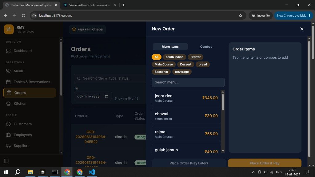 Vireje RMS new order screen with menu items and order summary
